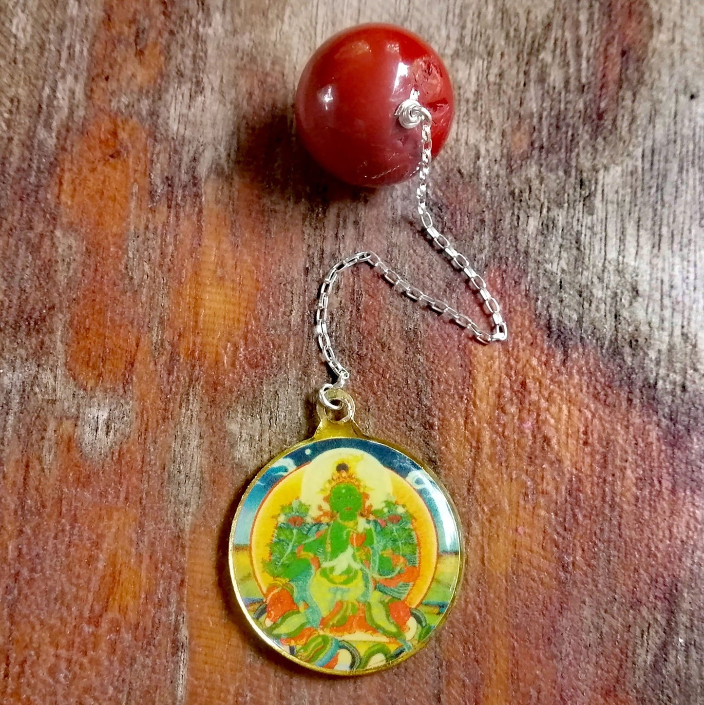 Green Tara Medallion and Red Jasper Pendulum on a Silver Chain - SaraCura Spirit