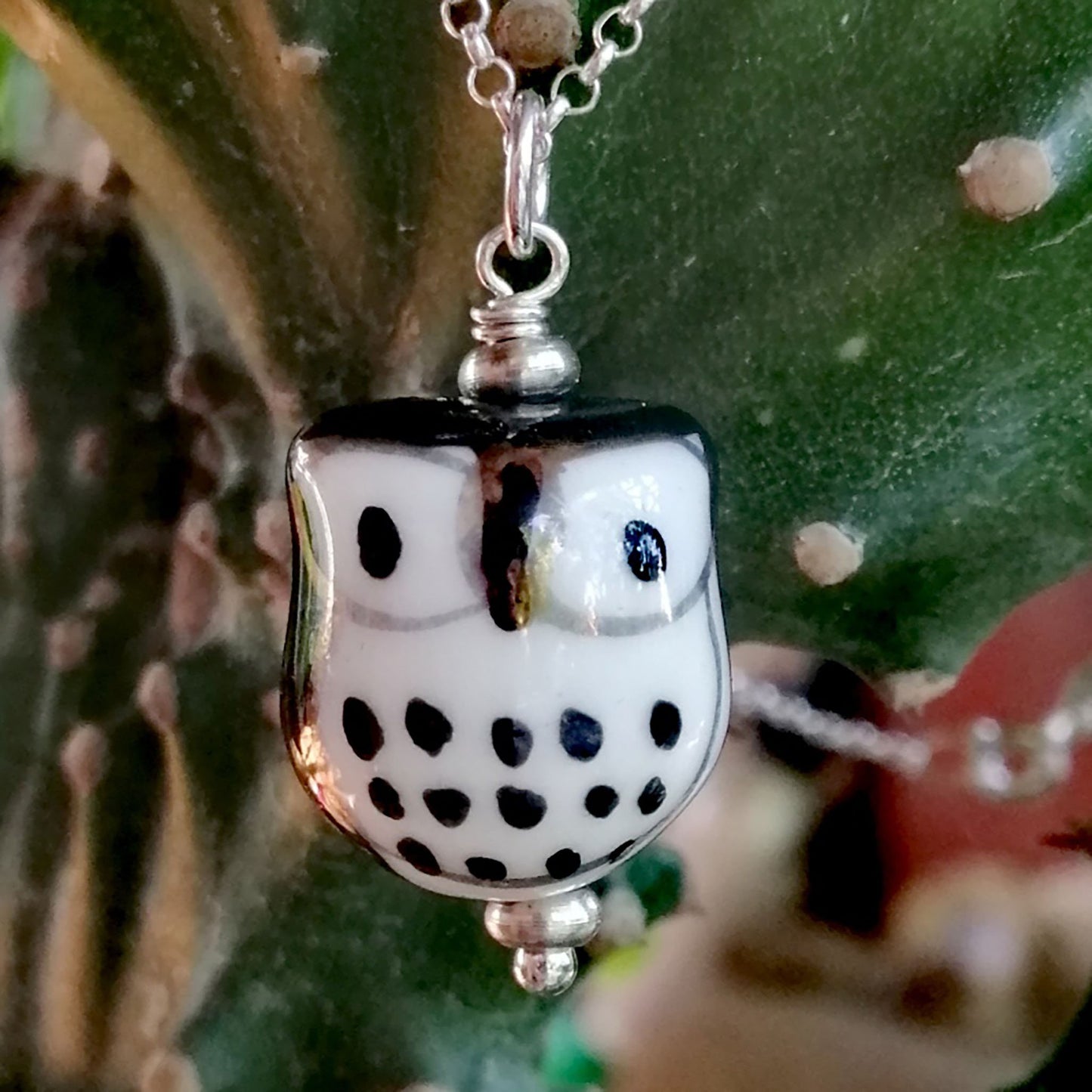 Black Owl with White Eyes Necklace