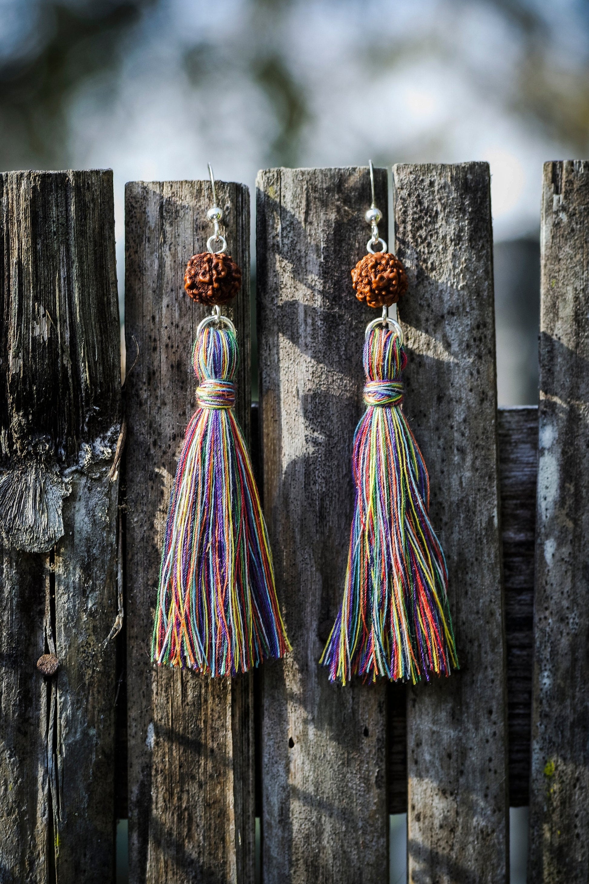 Rudraksha Earrings with Rainbow Tassel | Crown Chakra - SaraCura Spirit